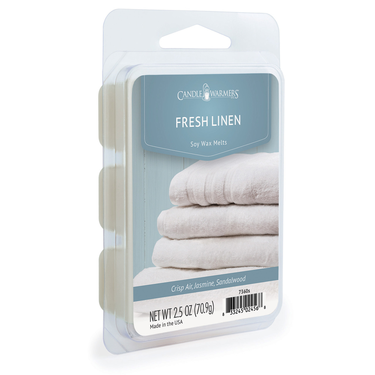 FRESH LINEN FRAGRANCE: Fresh, fluffy towels warm from the dryer. TOP NOTES: Aqueous, Marine, Jasmine, Orange MID NOTES: Fruity, Apple, Jasmine, Rose BASE NOTES: Woody, Sandalwood, Peach, Mimosa
