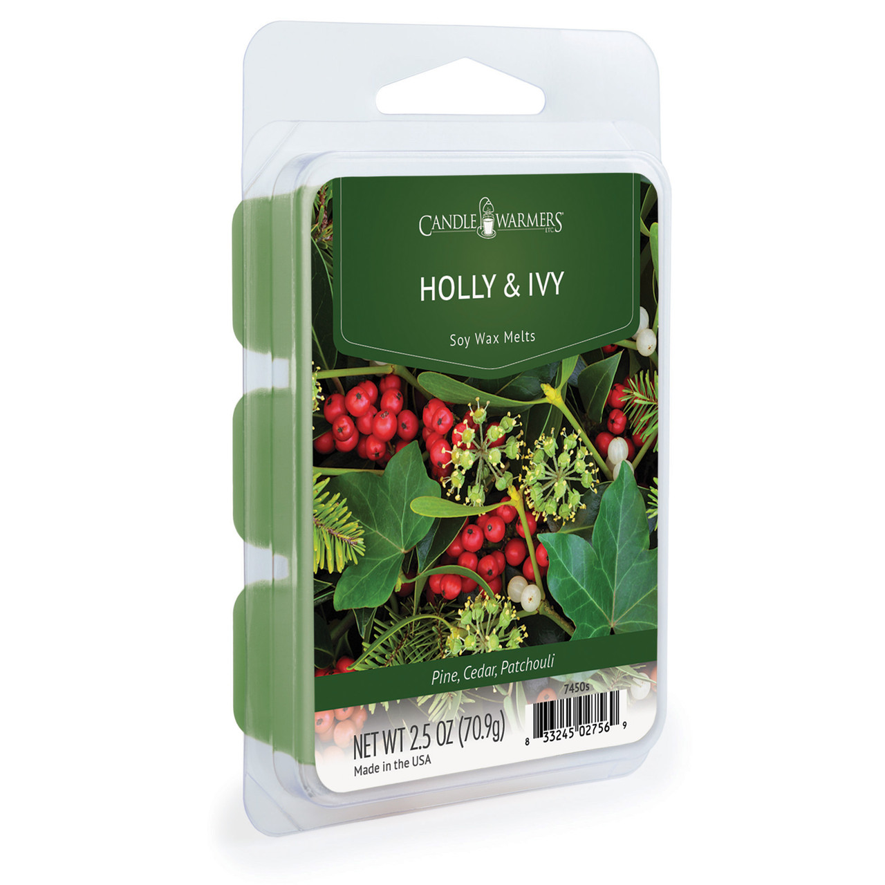 HOLLY & IVY FRAGRANCE: Fresh green holly and ivy mixed with bay and eucalyptus leaves. TOP NOTES: Bay Leaves, Pine MID NOTES: Herbal, Cedar BASE NOTES: Patchouli, Musk