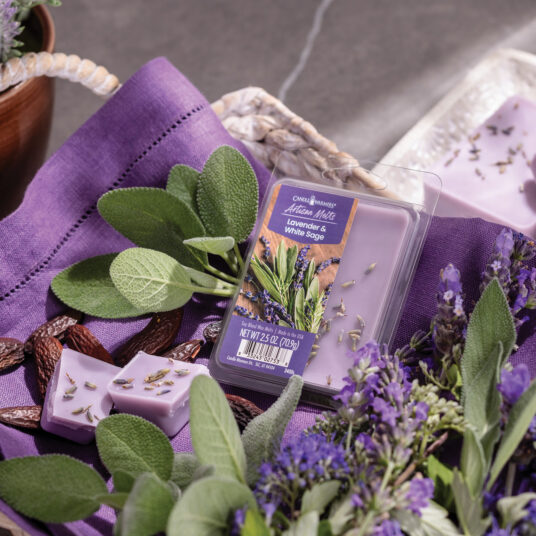 Lavender and White Sage Artisan Wax Melts by Candle Warmers Etc. Dewy lavender in a meadow of white sage accented by wildflowers and soft woods.