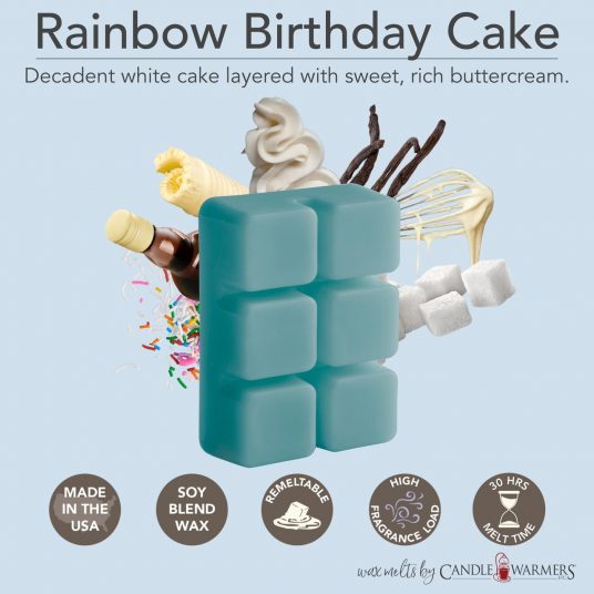 RAINBOW BIRTHDAY CAKE WAX MELTS FRAGRANCE: Decadent rainbow cake layered with sweet, rich vanilla buttercream.