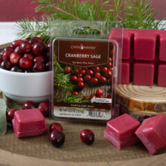 CRANBERRY SAGE FRAGRANCE: Tart cranberries combined with Valencia orange and sage. TOP NOTES: Tart Cranberry, Valencia Orange, Strawberry MID NOTES: Peach Nectar, Clary Sage, Cinnamon BASE NOTES: Cedar, Mistletoe, Frosted Spruce