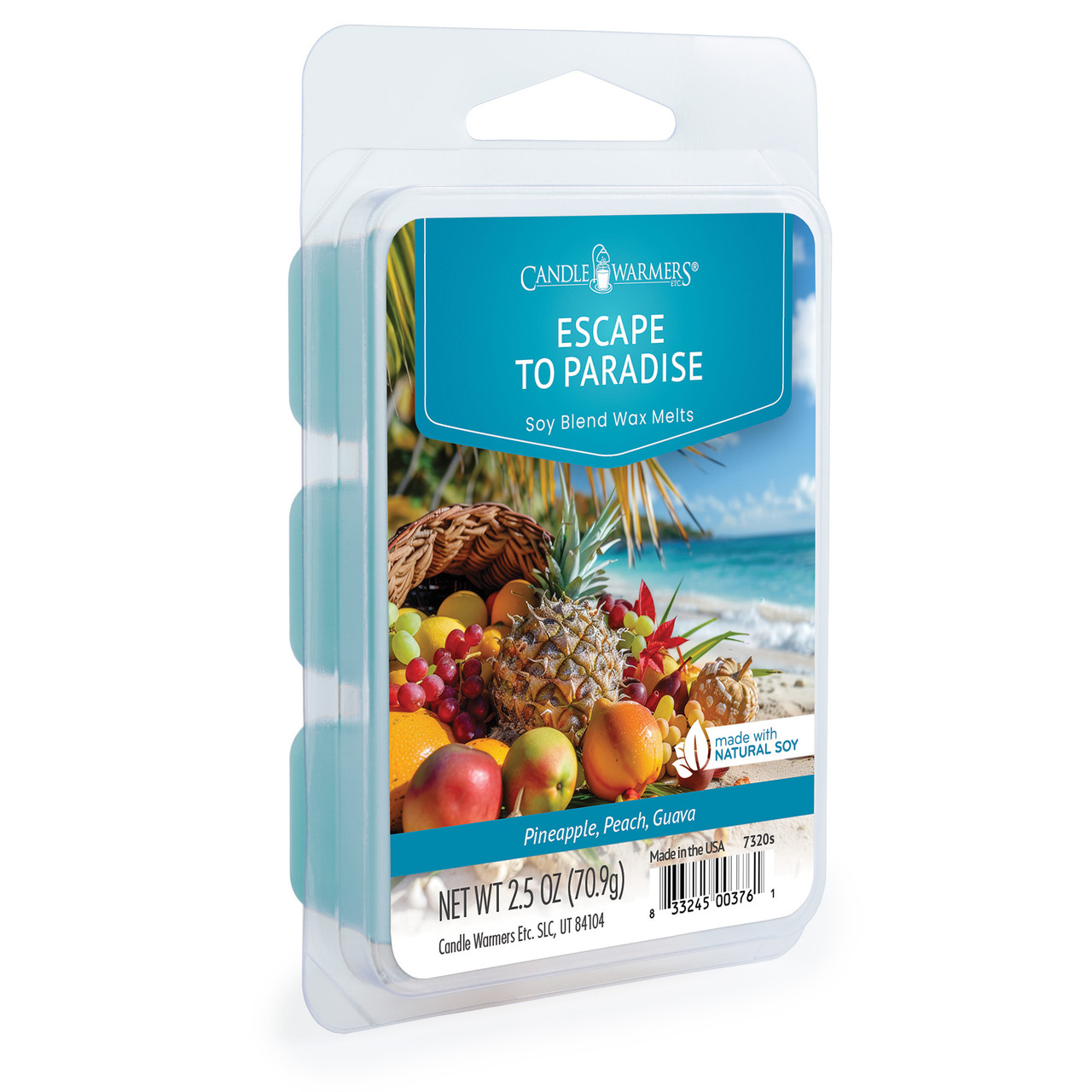 ESCAPE TO PARADISE FRAGRANCE: Sea salted driftwood, warm sands, windswept grasses, and a hint of sugared papaya. TOP NOTES: Peach, Tropical, MID NOTES: Citrus, Guava BASE NOTES: Woody