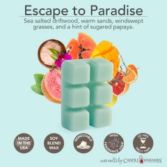 ESCAPE TO PARADISE FRAGRANCE: Sea salted driftwood, warm sands, windswept grasses, and a hint of sugared papaya. TOP NOTES: Peach, Tropical, MID NOTES: Citrus, Guava BASE NOTES: Woody