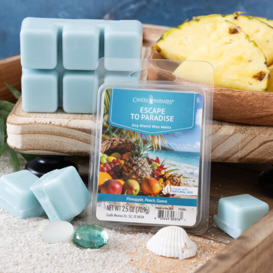 ESCAPE TO PARADISE FRAGRANCE: Sea salted driftwood, warm sands, windswept grasses, and a hint of sugared papaya. TOP NOTES: Peach, Tropical, MID NOTES: Citrus, Guava BASE NOTES: Woody