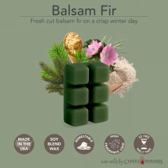 BALSAM FIR FRAGRANCE: Fresh cut balsam fir on a crisp winter day. TOP NOTES: Invigorating Green Highlights, Fir Needle, Sprinkle of Spice MID NOTES: Balsam Peru, Leafy Greens, Splash of Fruit, Earthy Accents BASE NOTES: Gentle Musk, Warm Woods, Caramelized Sugar, Soft Powder