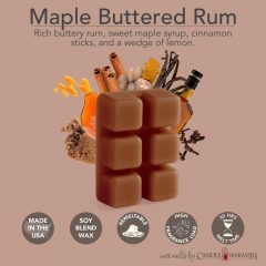 MAPLE BUTTERED RUM FRAGRANCE: Rich buttery rum, sweet maple syrup, cinnamon sticks, and a wedge of lemon. TOP NOTES: Maple Syrup, Buttery Rum MID NOTES: Cinnamon, Nutmeg, Brown Sugar BASE NOTES: Cinnamon Stick, Clove, Vanilla