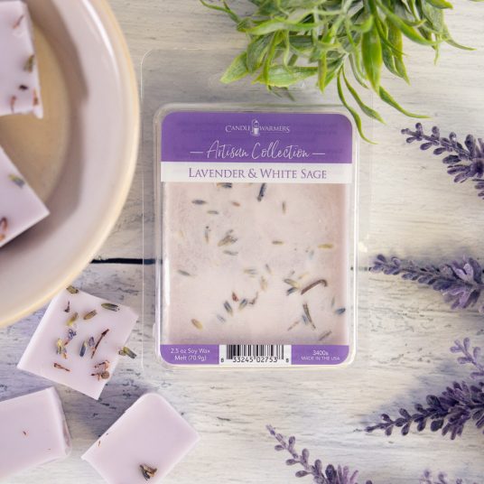 Lavender and White Sage Artisan Wax Melts by Candle Warmers Etc. Dewy lavender in a meadow of white sage accented by wildflowers and soft woods.