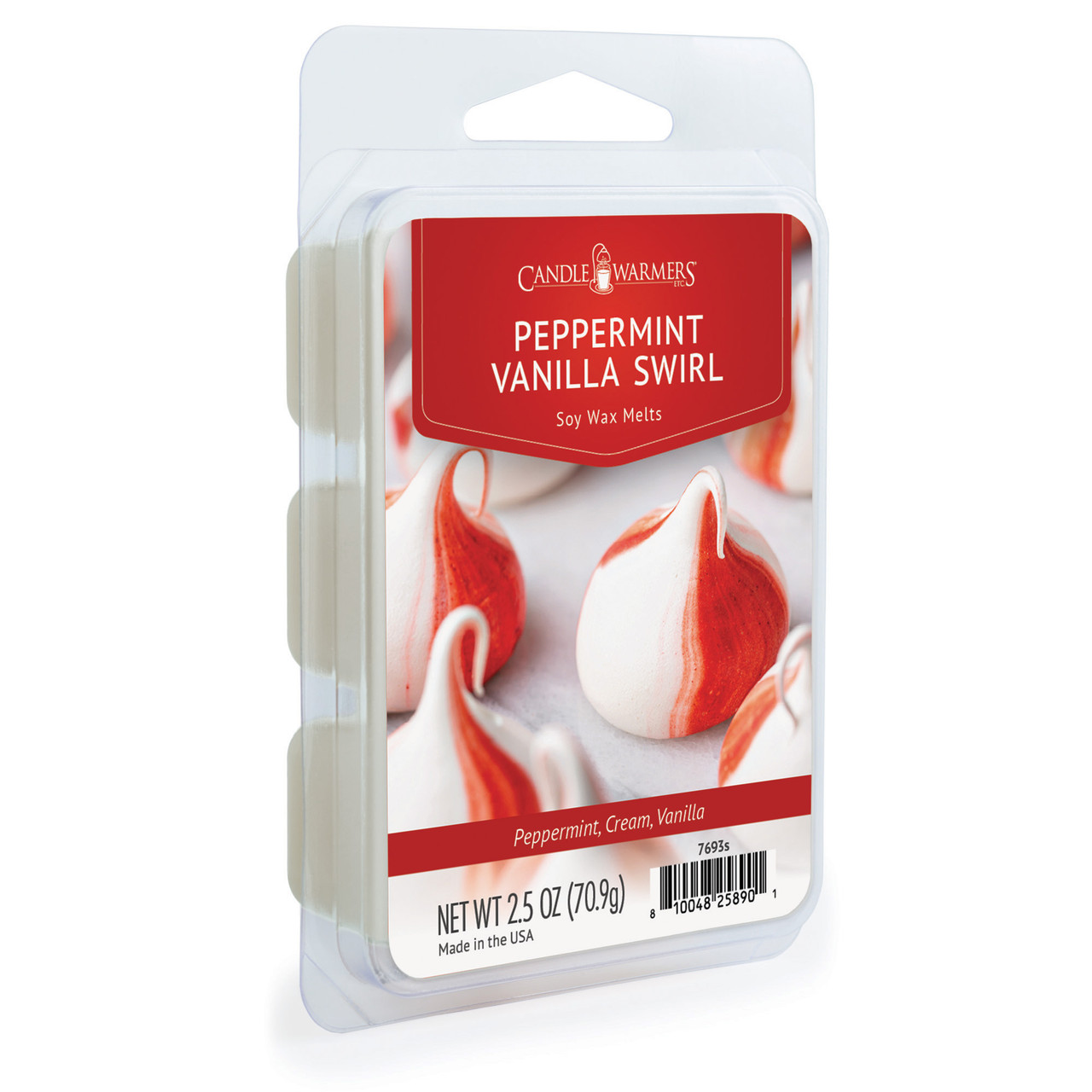 Peppermint Vanilla Swirl Classic Wax Melts  FRAGRANCE: Sweet peppermint intertwined with creamy, warm vanilla. TOP NOTES: Mint, Citrus MID NOTES: Berry, Peppermint BASE NOTES: Vanilla, White Musk