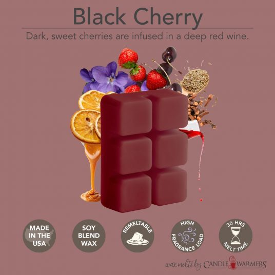 BLACK CHERRY FRAGRANCE: Dark, sweet cherries are infused in a deep red wine. TOP NOTES: Dark Cherry, Wild Strawberry, Dried Orange, Winter Cumin MID NOTES: Sweet Wine, Violet, Clove Bud BASE NOTES: Caramel, Candy Floss