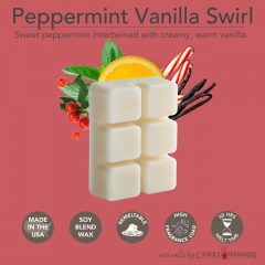 Peppermint Vanilla Swirl Classic Wax Melts FRAGRANCE: Sweet peppermint intertwined with creamy, warm vanilla. TOP NOTES: Mint, Citrus MID NOTES: Berry, Peppermint BASE NOTES: Vanilla, White Musk