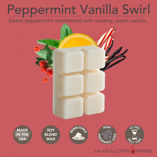 Peppermint Vanilla Swirl Classic Wax Melts FRAGRANCE: Sweet peppermint intertwined with creamy, warm vanilla. TOP NOTES: Mint, Citrus MID NOTES: Berry, Peppermint BASE NOTES: Vanilla, White Musk