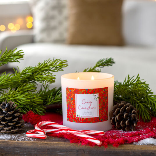 CANDY CANE LANE SOY CANDLE: This fragrance will take you on a sweet and sugary sensory experience of peppermint intertwined with creamy, warm vanilla.