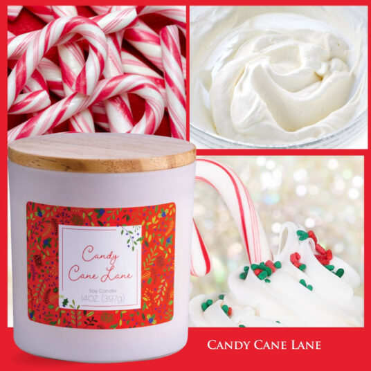 CANDY CANE LANE SOY CANDLE: This fragrance will take you on a sweet and sugary sensory experience of peppermint intertwined with creamy, warm vanilla.