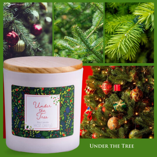 UNDER THE TREE SOY CANDLE: The nostalgic scent of a fresh cut pine tree ready to be wrapped with lights and ornaments.