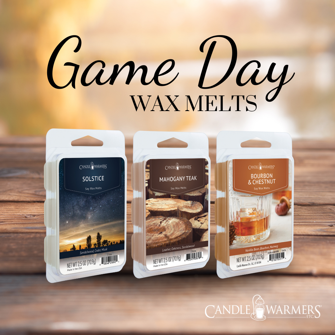 'Game Day Wax Melts' graphic showing three Candle Warmers packs: Solstice, Mahogany Teak, and Bourbon & Chestnut, on wood planks