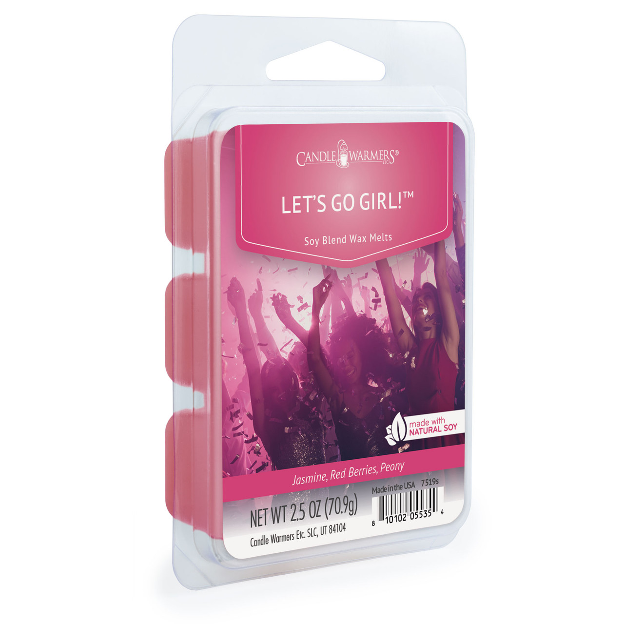 Get it done with our Let's Go Girl wax melt. Our supercharged apple blossom and sweet red currant are blended with crystalized amber and blonde cedar. The result? An invigorating and heavenly fragrance sure to keep you going all day long. TOP NOTES: Spring Air, Red Currant, Apple Blossom  MID NOTES: White Peony, Sugarad Jasmine, Sweet Magnolia BASE NOTES: Blonde Cedar, Sandalwood, Crystalized Amber