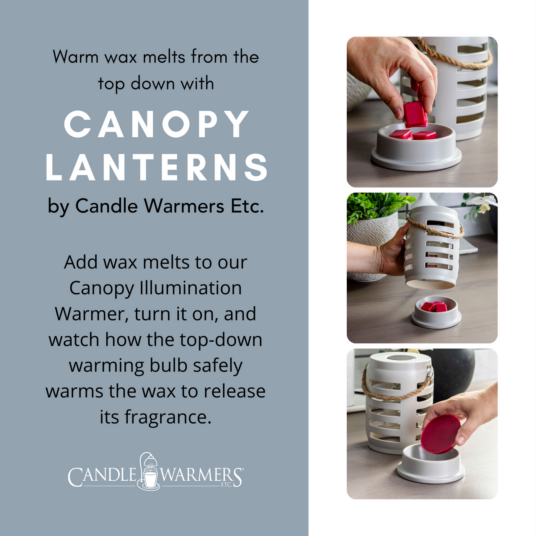 The Geo Canopy Illumination Warmer is a decorative, stylish, and simple warmer that will complement your home décor. This top-down wax warmer features a metal handle and a halogen light bulb for melting fragranced wax melts. It has an elegant circular shape with a geometric pattern that adds interest to any room.
