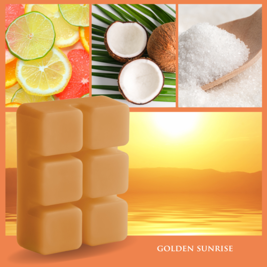 Golden Sunrise captures the essence of a bright sunrise with beautiful notes of sun-kissed orange, juicy mandarin, and fresh-picked tangerine. Hints of pink grapefruit nectar sweetened with sugared wild berries will fill your home with an invigorating sunny fragrance that is sure to wake you up! TOP NOTES: Citrus, Orange MID NOTES: Fruit, Coconut BASE NOTES: Musk, Sugar