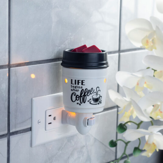 Life Begins After Coffee! The Coffee Pluggable Fragrance Warmer will bring a delightful ambiance to any home. With an elegant black and white design, this warmer can be used in both vertical and horizontal outlets by twisting the plugin base, making them ideal for above counter outlets in small rooms or spaces. It's the safest way to use fragrance in your home.