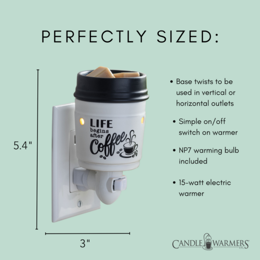 Life Begins After Coffee! The Coffee Pluggable Fragrance Warmer will bring a delightful ambiance to any home. With an elegant black and white design, this warmer can be used in both vertical and horizontal outlets by twisting the plugin base, making them ideal for above counter outlets in small rooms or spaces. It's the safest way to use fragrance in your home.