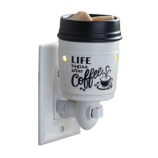 Life Begins After Coffee! The Coffee Pluggable Fragrance Warmer will bring a delightful ambiance to any home. With an elegant black and white design, this warmer can be used in both vertical and horizontal outlets by twisting the plugin base, making them ideal for above counter outlets in small rooms or spaces. It's the safest way to use fragrance in your home.