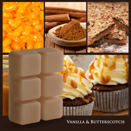 Vanilla & Butterscotch wax melts are a mouthwatering blend of warm maple butterscotch, toffee, and vanilla custard that's covered in a decadent cinnamon glaze. When melted, this heavenly treat will fill your home with the aroma of freshly baked sweets. TOP NOTES: Maple, Butterscotch MID NOTES: Cinnamon, Coconut BASE NOTES: Vanilla, Toffee