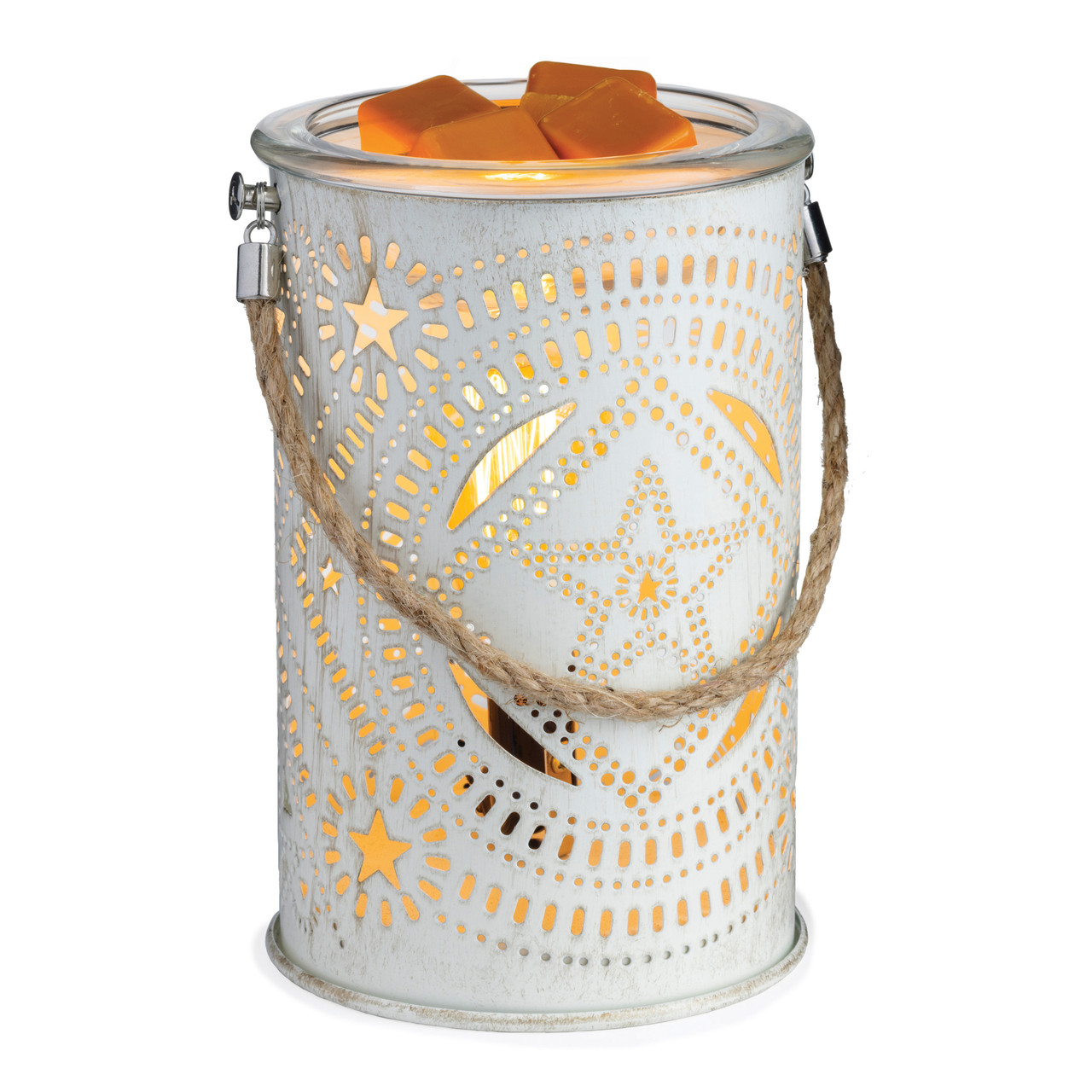 Rustic and chic, enjoy your choice of wax melts in our Lone Star Illumination Fragrance Warmer and watch as soft patterns of light dance across the walls. 

This warmer gives off a vintage feel with a braided rope handle and tin canister vessel, serving as a star-of-the-show statement piece or as a versatile addition to any room's decor.

USE: Add scented wax melts to the removable warming dish to safely release fragrance throughout your home. Recommended with our Artisan or Aromatherapy soy wax melts or Classic or Odor Eliminating soy blend wax melts.
FUNCTION: Decorative electric fragrance warmer designed to warm scented wax and create the ambient glow of a burning candle. Includes NP3 Vintage Bulb.
FUNCTION: No flame reduces the risk of house fires, while also eliminating carbon toxins, smoke and soot from the air.
INCLUDES: Warmer and NP3 Vintage Warming bulb. Cord is 3 ft long with dial switch for easy on/off. 1 Year limited warranty against factory defects.
Illumination Fragrance Warmers are our top-selling traditional warmers. Each is designed with your style in mind to accent your home decor, whether it is traditional, transitional, farmhouse, modern, cottage, Scandinavian, or more! We use high-quality ceramic, porcelain, metals and glass to provide a product worthy of the included one-year warranty.


Vintage Illumination Fragrance Warmers feature vintage style bulbs paired with a variety of materials and styles that allow the warm glow of the vintage bulb to be the focal point.