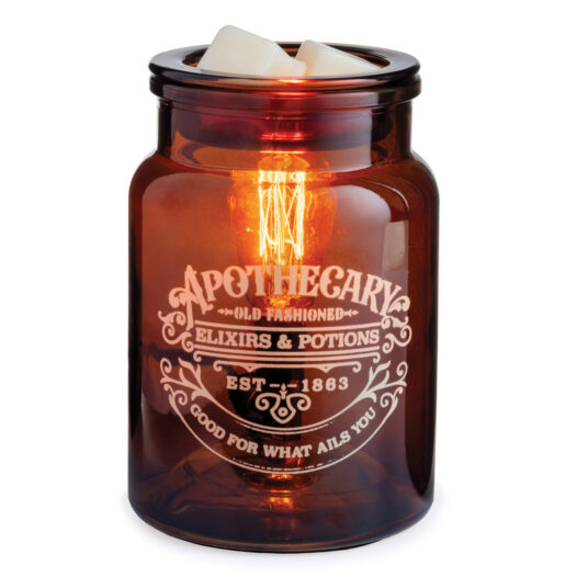 The Apothecary Illumination Fragrance warmer will allure you with amber-colored glass and an Edison style bulb from within. The enchanting dark academia glow that fills the room will set the vibe for a relaxing night at home while bringing any style of decor to life. Melt your favorite home fragrance in the dish on top of the vessel, which resembles an old fashioned medicine jar.