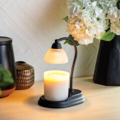 DESIGN: A traditional black lamp with a semi matte finish featuring our top down warming technology, and comes assembled in the box. Includes warming bulb and frosted white shade.