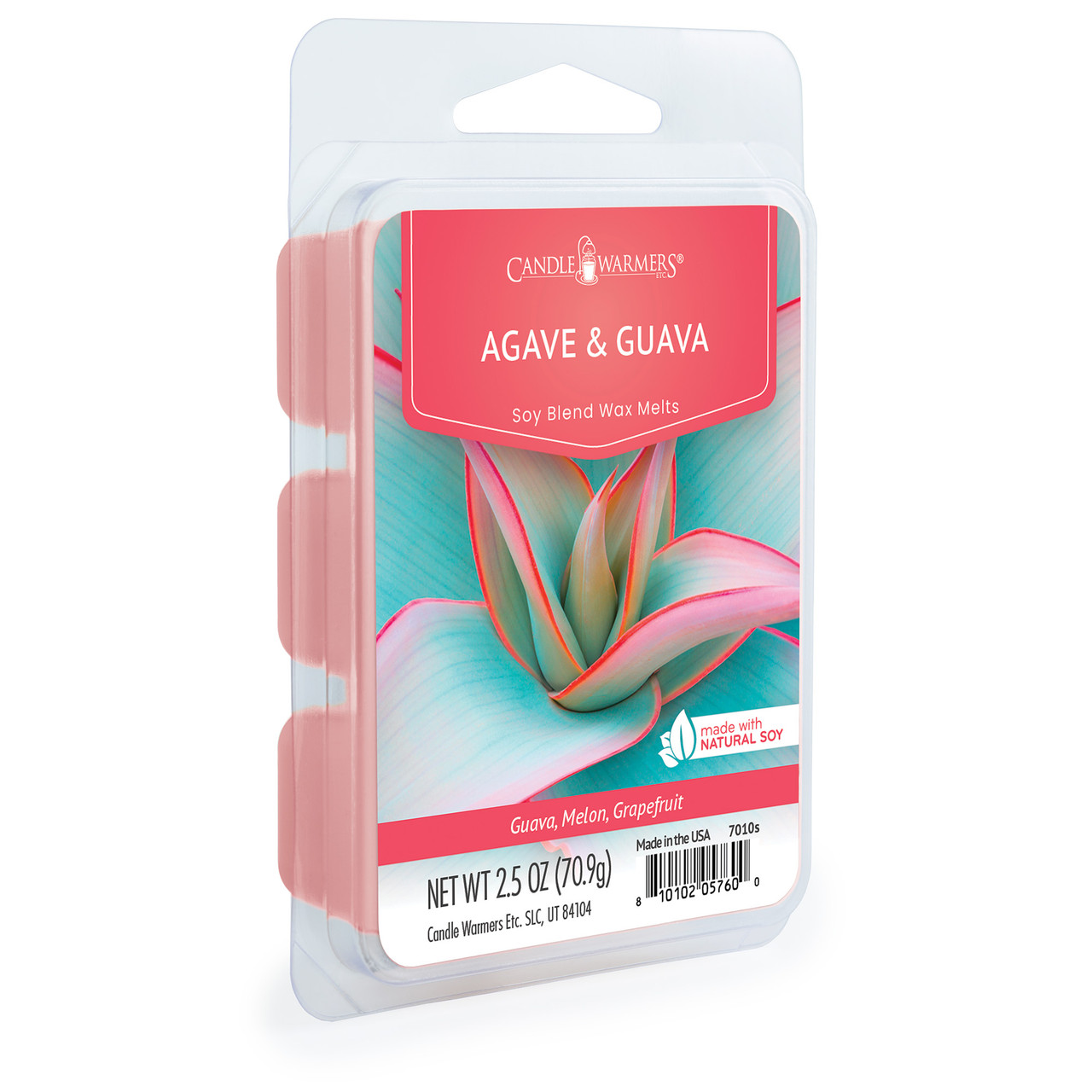 Escape to the tropics with our Agave and Guava Wax Melt - a captivating blend of juicy guava, refreshing melon, and zesty grapefruit that will transport you to paradise. Made with a soy blend for a clean, long-lasting fragrance. Melts evenly to fill your space with an intoxicating aroma. Provides a relaxing, spa-like ambiance in any room