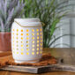The Chelsea Canopy Illumination Warmer is a decorative, stylish and simple warmer that will complement your home décor. This top down wax warmer features a metal handle and a halogen light bulb for melting fragranced wax melts. It has an elegant circular shape with a round cut out pattern that adds interest in any room.
