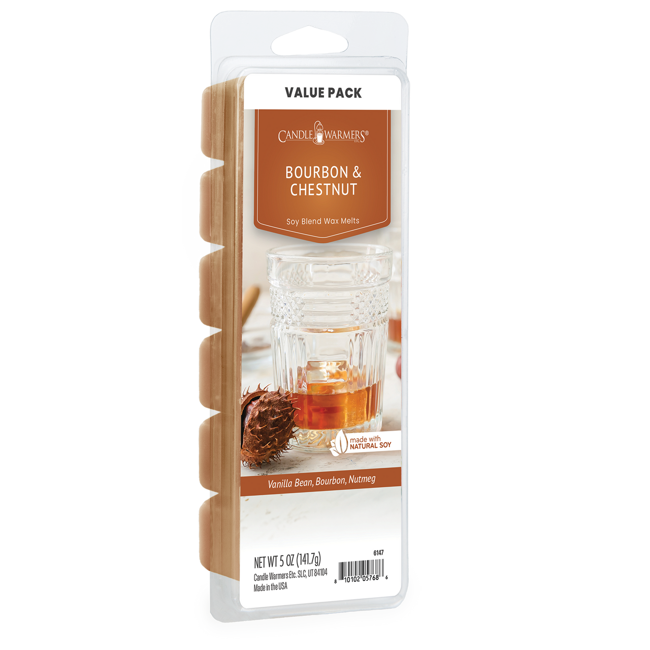Enjoy the perfect blend of warm, rich, spicy and roasty with the Bourbon & Chestnut Wax Melts. This unique fragrance is a combination of smooth, creamy vanilla swirled with dark bourbon nuances, spicy nutmeg, and sweet vanilla bean accents layered with a warm touch of roasted chestnut.