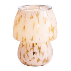 The Art Glass Lamp Vintage Illumination Warmer blends midcentury charm with timeless elegance. Its all-glass design features a white and clear pattern that glows softly orange when lit. With a vintage bulb and glass wax tray, it offers a flame-free way to enjoy fragrance while adding a stylish touch to any room.