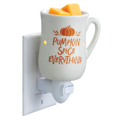 Bring cozy fall vibes to any room with the Pumpkin Spice Pluggable Fragrance Warmer, a cozy fall essential. Styled like a cream colored coffee mug with “Pumpkin Spice Everything