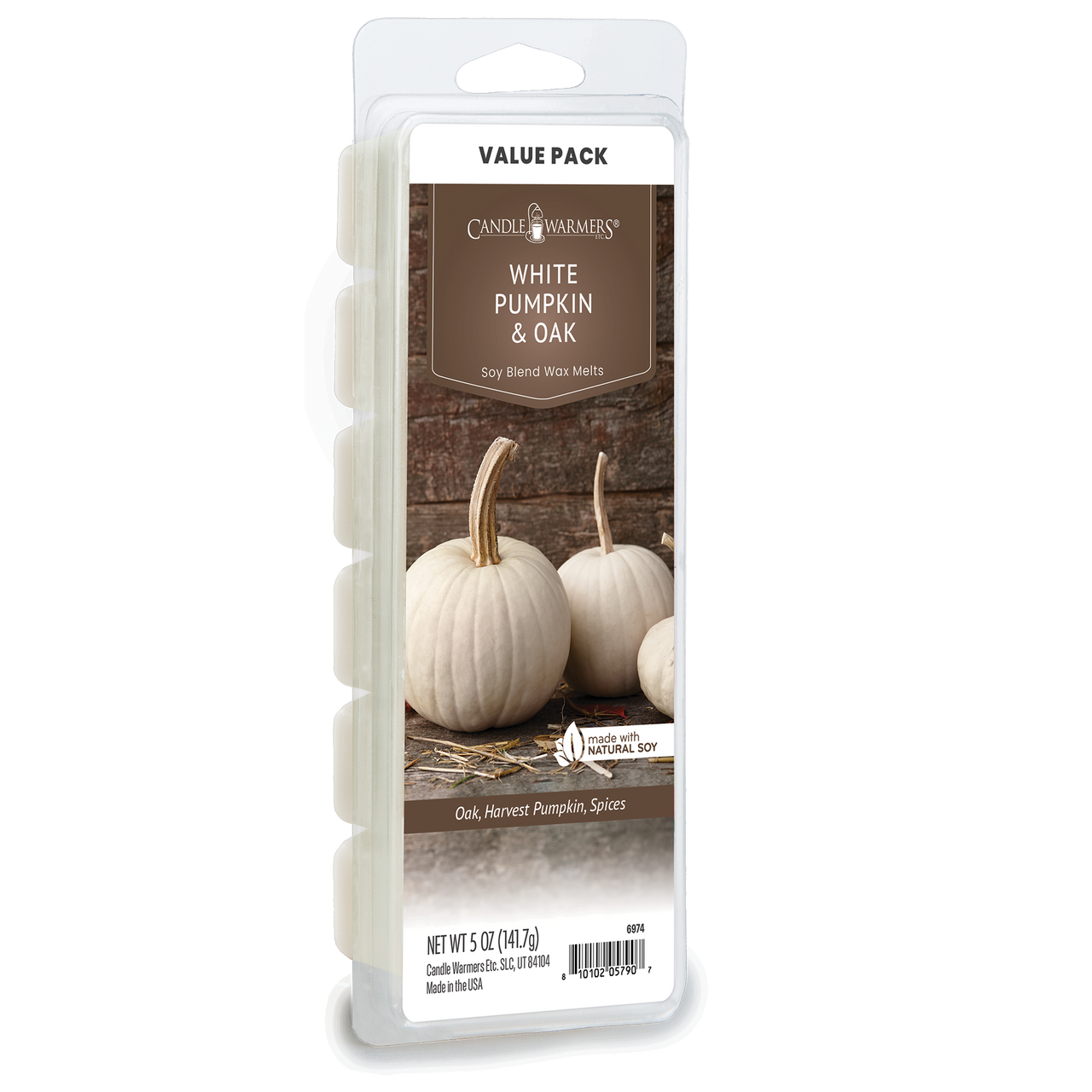 Enjoy our White Pumpkin & Oak Wax Melts, a warm fragrance with notes of harvest pumpkin, crisp forest greens, and bronzed chestnut. This scent is a subtle twist on the warm, rich pumpkin pie scent we all know and love. Nuanced hints of ambered birch, peppered oak, and a dash of seasonal spice round out this festive fragrance. TOP NOTES: Cinnamon, Allspice, Green MID NOTES: Cinnamon, Chestnut, Birch Wood BASE NOTES: Spiced Chestnut, Wood, Vanilla