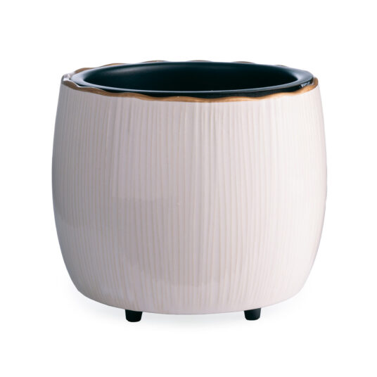 Elevate your home with the Golden Ridges Crock Candle Warmer, featuring an ivory stoneware body accented by a refined gold ridged rim for timeless style.