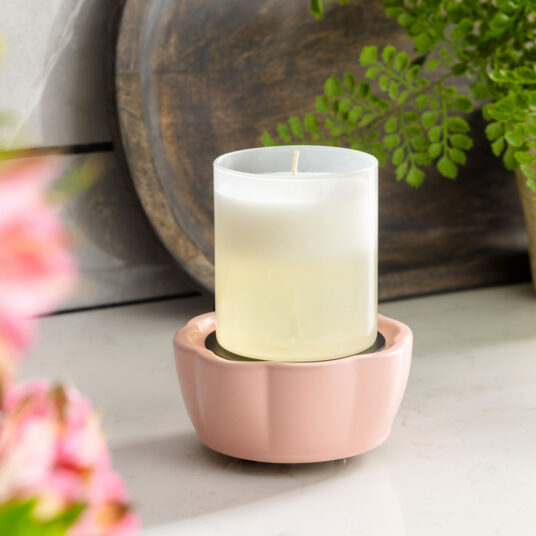 The Petal 2-in-1 Fragrance Warmer features a dish with delicate pink ceramic petals atop a matching pink warming base.