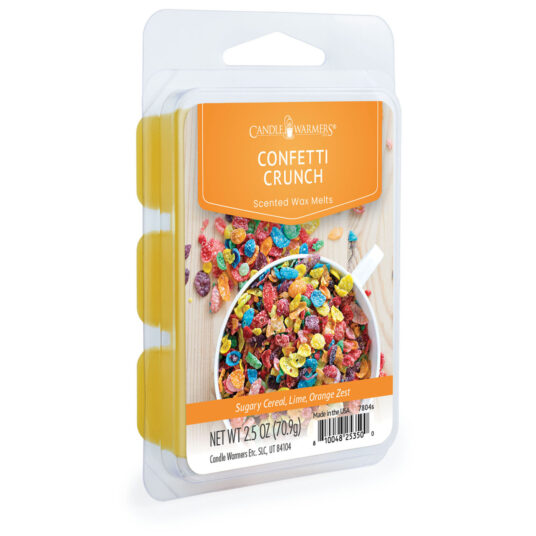 Relive childhood Saturday mornings with Confetti Crunch 2.5oz Wax Melts. Sugary cereal mingles with zesty lime and bright orange for a fun, nostalgic burst of sweetness.