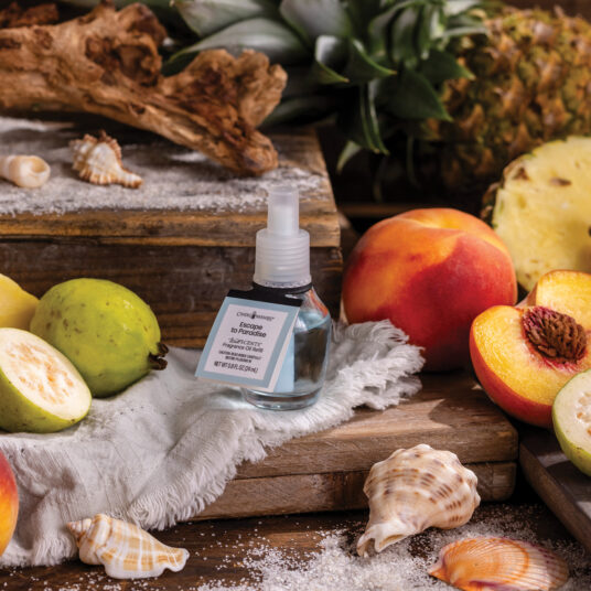 Transport yourself to exotic shores with Escape to Paradise WallScents™ 24mL Fragrance Oil. Juicy peach, sweet pineapple, and ripe guava create a lush, beachside vibe—breezy, bright, and carefree.