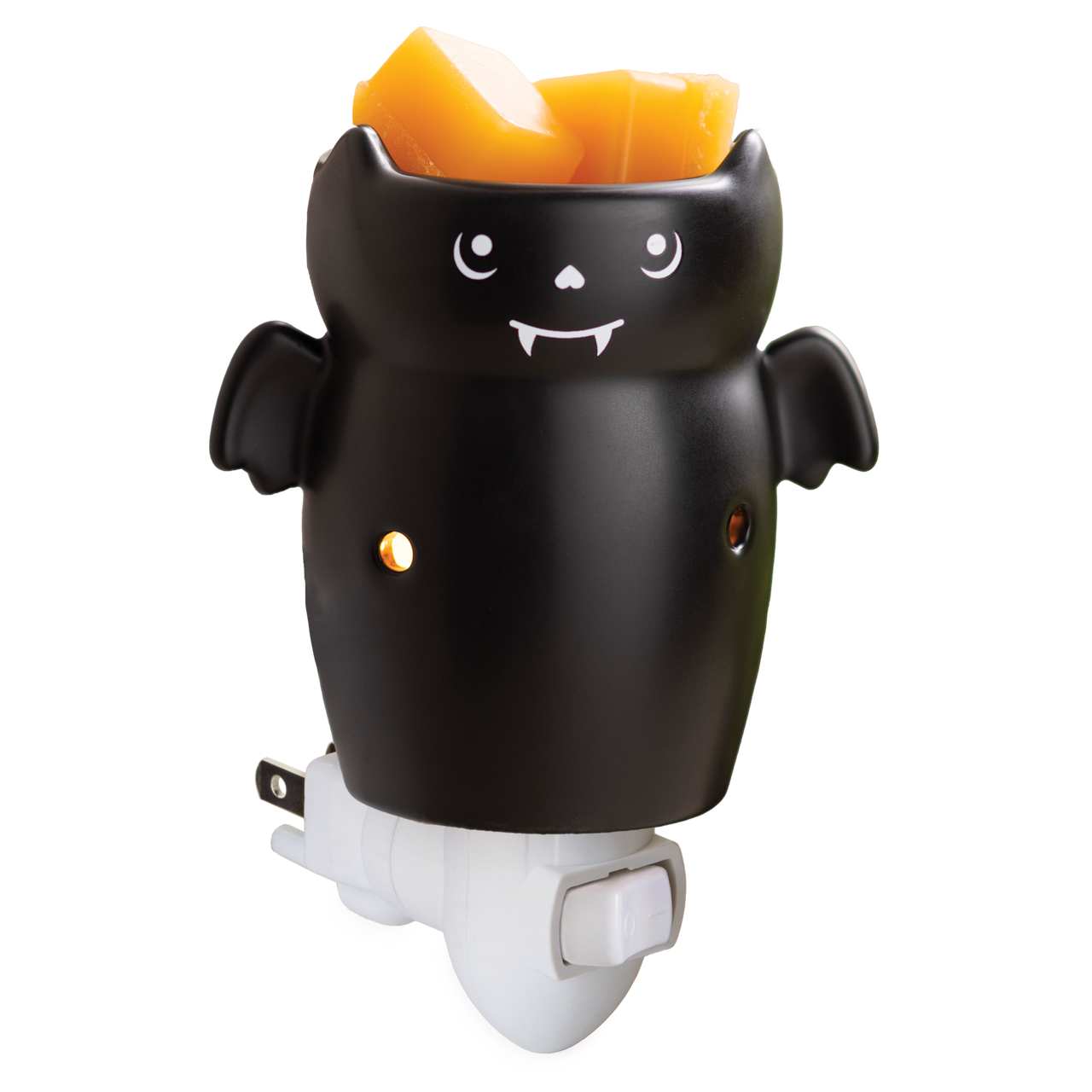 Black bat-shaped plug-in wax warmer holding orange wax