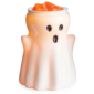 White ceramic ghost-shaped wax warmer holding orange melted wax